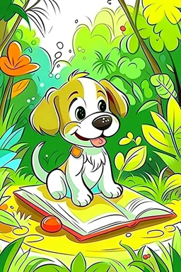 kids illustration, cute smiling puppy is painting on drawing book in a jungle,cartoon style,thick lines,low detail,vivid color --ar 9:11