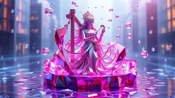 3d metalic and crystal recursive evolving and animating beveled geometric base very complex CIFY structure emiting bubbles that broke, goddess of love in a pretty cleric dress comes while playing harp gracefully , viberating color moving very in modern city escap environment while camera tracking it.write in down screen 3d animating"Made in Grok By:J.Babakan"