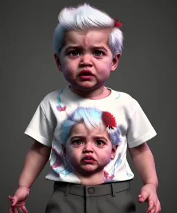 Pedro almodovar toddler, full body, white hair, floral shirt, dramatic lighting, hyper realistic