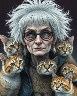 old lady punk rocker with silver hair, with her dozens of cats. By Vanja Vukelic, Benjamin Lacombe, Victor Brauner, Eileen Agar, Alex Grey, Michael Cheval and Naoto Hattori. Modifiers: sharp focus extremely detailed fantasy intricate very attractive award winning fantastic view hdr very cute pencil sketch science fiction complex insanely detailed whimsical fantastical art magical surrealism