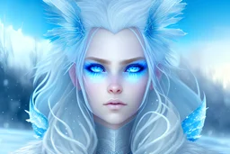 feral snow panorama with very beautiful fairy, blue eyes, white hair