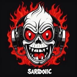 Futuristic block text "SARDONIC HARMONY" in minimalist logo for a rock band inspired by the styles of Ed Big Daddy Roth, graffiti art. sinister, evil marshmallow head caricature with headphones breathing red flames. The background is dark.