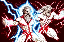 A detailed illustration of Zeus holding two lightnings in front of himself. One lightning is red and the other one is white. He is moving them together and there are flashes of lightning exploding from his powerfull move. The lightning is in the shape of half the letter Z. The red half is the top half, the white half is the bottom half. Zeus is wearing a red cape, has powerfull facial expresion, has white beard and long white hair with a gold Zeuz, greek, like crown. Lightning in the back.