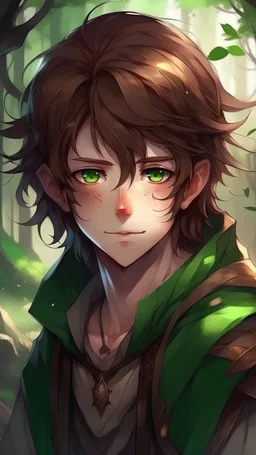 fantasy world, anime, half-elf youth, brown messy hair , green eyes