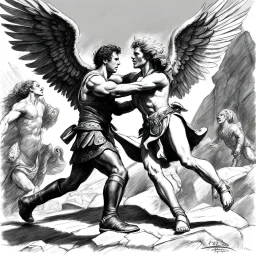 (black and white traditional pencil sketch digital drawing on paper by Ray Harryhausen) Jacob wrestling with angel