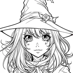 outline art for square scary witch coloring page for kids, classic manga style, anime style, realistic modern cartoon style, white background, sketch style, only use outline, clean line art, no shadows, clear and well outlined