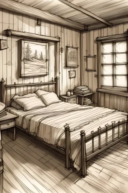 I want a sketch of different views of a rustic style bedroom