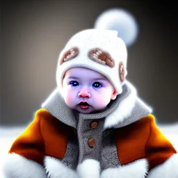 hyper realistic cute baby chick wearing winter cloths and woolen cap serious expression, highly detailed