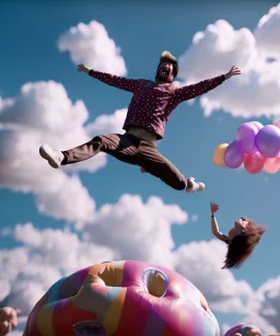 Ultra realistic clouds sky scene, wide angle, sweet childs falling down, man playing guitar, inflatable color clothing, free jumping flying, many trinkets, monster hair, hair monster, many jelly beans, balls, smile, happy, circus style, extreme, wind, clouds sea, 20,000 feet altitude, stratosphere, soft color, highly detailed, unreal engine 5, ray tracing, RTX, lumen lighting, ultra detail, volumetric lighting, 3d, finely drawn, high definition, high resolution.