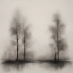 Minimalist rough abstract dusty Charcoal drawing of distant trees on a textured gesso background