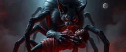 vampire space spider lion cat holding a human in its grip