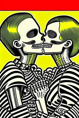 Funny Retro skeleton kiss woman valentine comic poster, in the style of Roy Lichtenstein