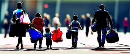 People carrying their big bags and their children walking in the same direction from right to left. We see them from the side and the background is empty.