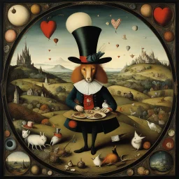 A picture I found elsewhere on DA made me think of Lewis Carroll illustrated by Hieronymous Bosch, so I went to feed that prompt to Midjourney. This was the best result. There's a possible Mad Hatter at the top and what might be the Queen of Hearts in the middle compartment, but basically it's just a surreal image that invites you to invent your own ideas.