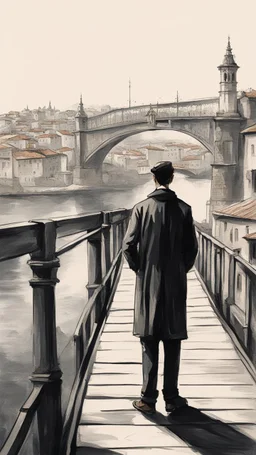 a man standing on Porto bridge, bucsh painting drawing style