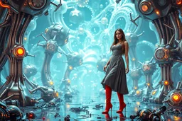 beautiful full body with long boots and midi dress lady in surreal interstar world made of fractal random size modern mechanical metalic basic objects with helical colors,geers, in clothing similar to environment full body posing to camera