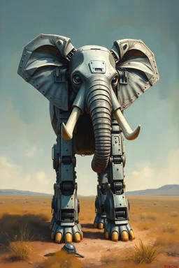 Bosch painting style in oil painting of an elephant robot build all digital circuits and electronics components his ears like radar antenna his legs like a tank weeks his nose is like a cannon his eyes like to crystal balls , contrasting with natural hands skin
