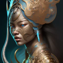 Sango fantasy, fantasy magic, intricate, sharp focus, illustration, highly detailed, digital painting, concept art, matte, art germ and Paul Lewin and Kehinde Wiley, masterpiece Indonesian lady head bronze tiger Asian African girl nice breast Hawaiian hair turquoise silver waves