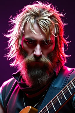 short haired bearded rockstar human bard 80s fantasy