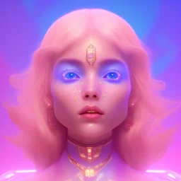 A portrait of a crystalised blue pink extraterrestrial, gold, diamonds, sunny background, atmospheric, realistic, unreal engine, 8k. Cinematic lighting, octane render.