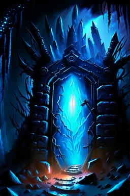 Glowing spiked iron entrance to a scary scifi blue mine at night fantasy rpg painterly art