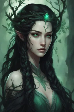Young beautiful female Hexblood Warlock, long dark brown-black hair styled in elegant half-braids, glowing pale emerald-green eyes, delicate facial features. Thin twisted black thorn-like branches grow naturally from one side of her head, weaving seamlessly through her hair like an eerie crown, with tiny dark leaves and vine-like roots blending into her scalp. Faint dark vine markings trail along her neck and collarbone. Dark fantasy, realistic, cinematic, highly detailed.