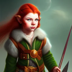 Halfling, girl, full body, red hair, adventure, sharp, green eyes, magic staff