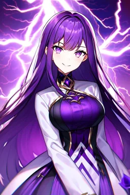 girl, masterpiece, best quality, cinematic lighting, detailed outfit, vibrant colors, perfect eyes, purple hair, long hair, purple eyes, lightning magic, smile, angry,