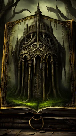 A book with cover written on it “ THE BOOK OF ENOCK” with old leather cover and cracks , Bosch painting style