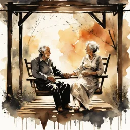 old husband and wife sitting on a porch swing holding hands, rustic cozy country house, wooden "WELCOME" sign, impressionism, watercolor painting, rough long brush strokes, dark background, ink splatter, depiction of light in in its changing qualities, romantic, nostalgic, by Claude Monet and Bill Jacklin, dynamic diagonal composition, by Russ Mills, warm colors