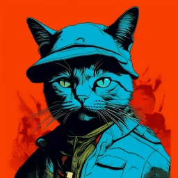 cat with shark mask hat solana war in the trenches armed style in the style of warhol