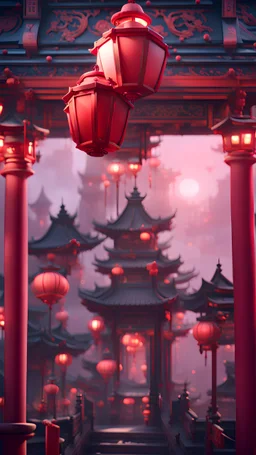 a couple of red lanterns sitting on top of red pillars, a detailed matte painting by Pu Hua, cg society contest winner, arabesque, official art, volumetric lighting, concept art, gane art, 3d