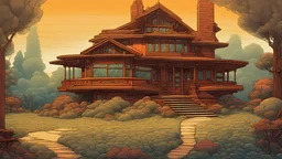 surreal glimpse into other universe, house by frank lloyd wright, summer morning, very coherent and colorful high contrast, art by!!!! gediminas pranckevicius!!!!, geof darrow, floralpunk screen printing woodblock, dark shadows, hard lighting, stipple brush technique,