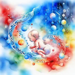Inspiration from Nomeradona On Playground Life begins. Quantum Serenity: A watercolor depiction of the conception of a baby, illustrating the interplay of microscopic quantum particles and DNA at the molecular level, embodying calmness in action.”