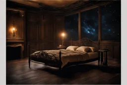 strange evening in vintage bedroom, deep dark colors, old wood floor, old antique bed, pale lights, sharp contours, old balkony, ceiling the galaxy with stars, nightly lights, etheral, mystic, stunning, cinematic