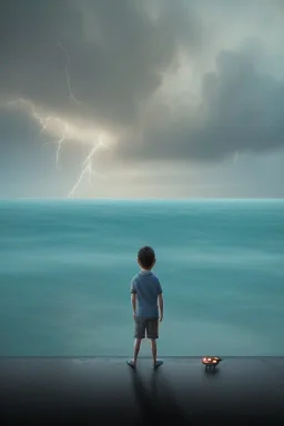 young boy looking out to sea with another man laying down behind him, dark storm clouds overhead, lightning, shopping trolley on side, dusk. From the novel the road.