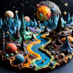 Detailed creepy landscape made of cake-frosting and modeling clay, stars and planets, Amano, Roger Dean l, strong texture, Ernst Haekel, extreme detail, intricate, colours, Max Ernst, decal, rich moody colors, sparkles, bokeh, odd