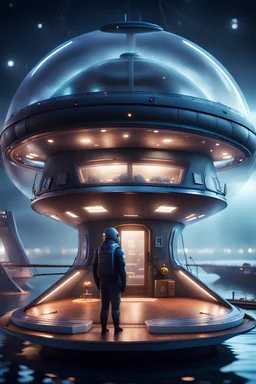 book illustration, portrait of captain on a misty catamaran dome modular house sub that looks like a dark twisted alien space ship with spotlights, in advanced hi tech dock, bokeh like f/0.8, tilt-shift lens 8k, high detail, smooth render, down-light, unreal engine, prize winning