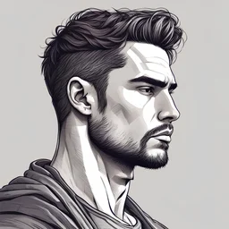 A man with masculine and strong features represents a successful, strong and unbreakable mentality ,Side shot of face and body , single man ,high quality , 8k , , in hand-drawn illustration style