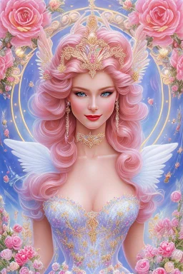 Magnifique woman, lady fairy, facing happy, voluptuous white, pink enchanted flowers, wings magic, long big dress, pink outerspace stars planets, Beautyful smiling, young woman, long hair amazing blue eyes, flowers, happy cosmic, bright colors, blue, pink, gold, jewels, realistic, photo real, clear sunny background, highly detailed, high contrast, 8k high definition, unreal engine 5, extremely sharp detail, light effect, sunny light background