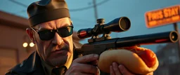 mean looking mafia thug with scoped hot dog