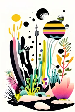 Exploring a colorful alien planet with strange flora and fauna. white background with black lines