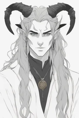 A dnd character portrait, a tiefling man with long hair and two black horns, white eyes and pale skin. Handsome. Young.