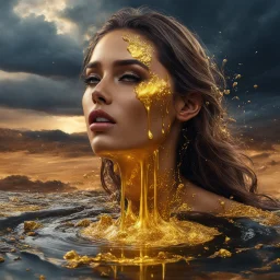 A hyper-realistic photo, beautiful face man love with woman disintegrating into gold dripping ink and slime::1 ink dropping in water, molten lava, 4 hyperrealism, intricate and ultra-realistic details, cinematic dramatic light, cinematic film,Otherworldly dramatic stormy sky and empty desert in the background 64K, hyperrealistic, vivid colors, , 4K ultra detail, , real , Realistic Elements, Captured In Infinite Ultra-High-Definition Image Quality And Rendering, Hyperrealism