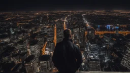 An Englishman in a bomber jacket standing at the top of a tall building looking across a city at night