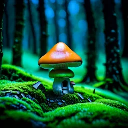 "Close up of a wonderful tiny Mushroom Tower home. Orange and green with bright white, deep black and contrasting tones of gray. Illuminated bioluminescent forest. Professional painter, master at composition. small but detailed. broken, blurred background, voluminous lighting"