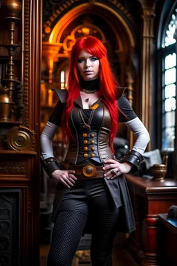 full body and headshot of a skinny Cleopatra, with long straight red hair, dressed as an assassin standing in a steampunk setting.