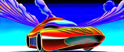 award winning car and driver photograph of a futuristic station wagon dirigible hybrid designed by only one vehicle per image painted metallic orange traveling at a high rate of speed, jet intake off of front center of vehicle and jet exhaust out the rear with bright blue flame, bilaterally symetrical, more a high speed road vehicle