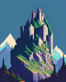 A forbidden castle high up in the mountains, pixel art
