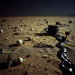 Photograph, odd objects scattered over an arid surface, night, nothingness, spooky, close-up, in Yves Tanguy style, nightmare, highly hypermaximalist, details of the terrain very accentuated, 8k, deep 3d field, sharp, eerily mysterious, artistic photo, large format film, shot on Hasselblad, 33mm photography, mysterious, dark, rotten, macabre, streams of black liquid